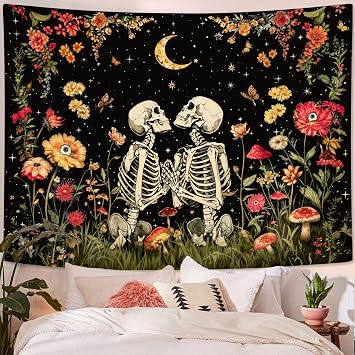 Wegklazax Floral Skeleton Lovers Tapestry Aesthetic Skull Gothic Tapestry for Bedroom The Lovers Wall Hanging for Bedroom Living Room Skull 3648 Inches