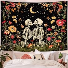 Wegklazax Floral Skeleton Lovers Gothic Wall Hanging for Bedroom & Living Room - Skull Tapestry 60x80 Inches