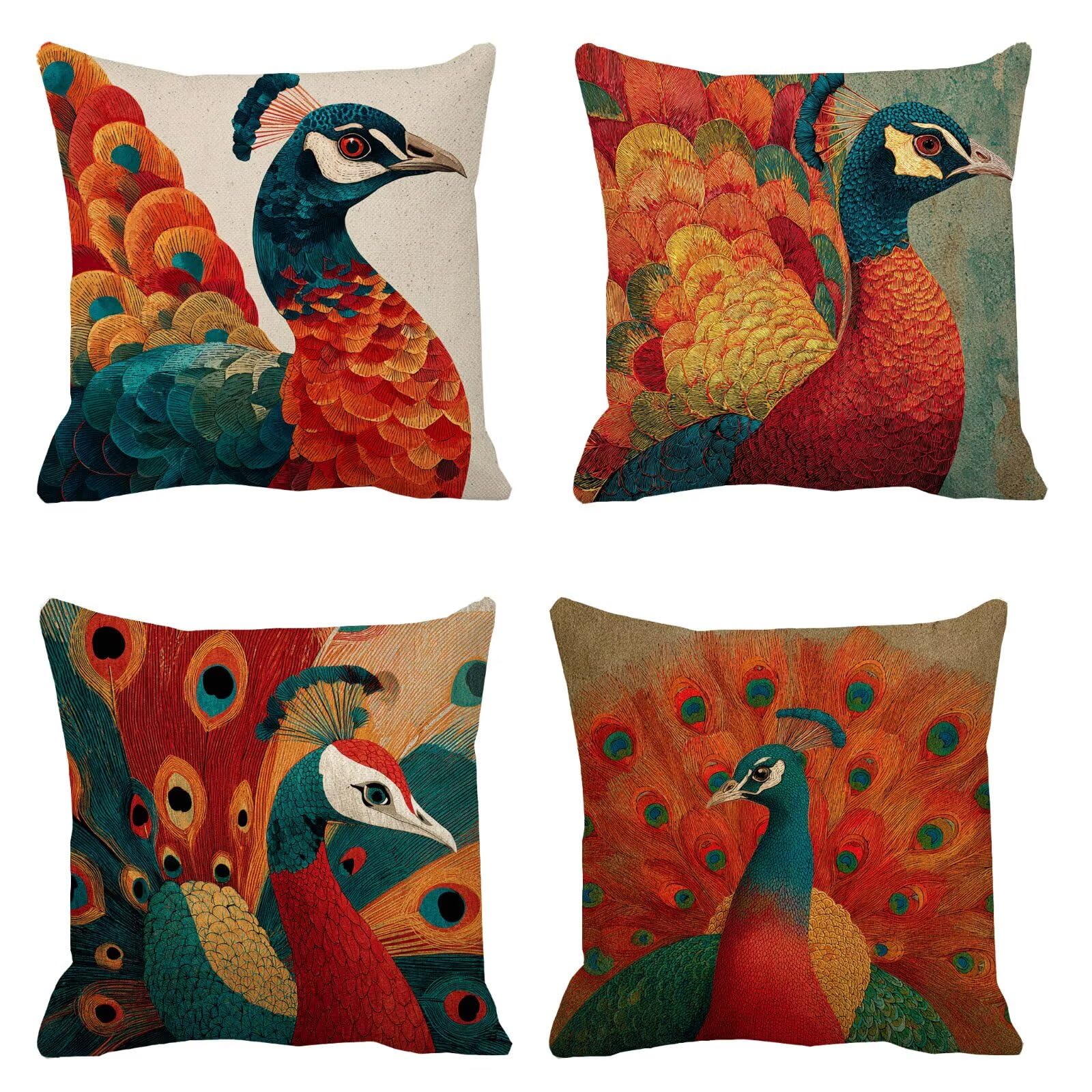 Housse Coussin 55x55 Le paon Taie d'oreiller, Lot de 4 Velours taie oreiller, Rouge Carré oreiller pour maison décorative O Automne Cadeaux, Fermeture à glissière invisible, Lavable en machine. B-542
