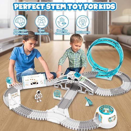 Miniatura 6 de Pista de carreras de construcción, juego de pistas de tren espacial, 205 piezas, juego de pistas flexibles para niños de 4 a 7 años con estación de