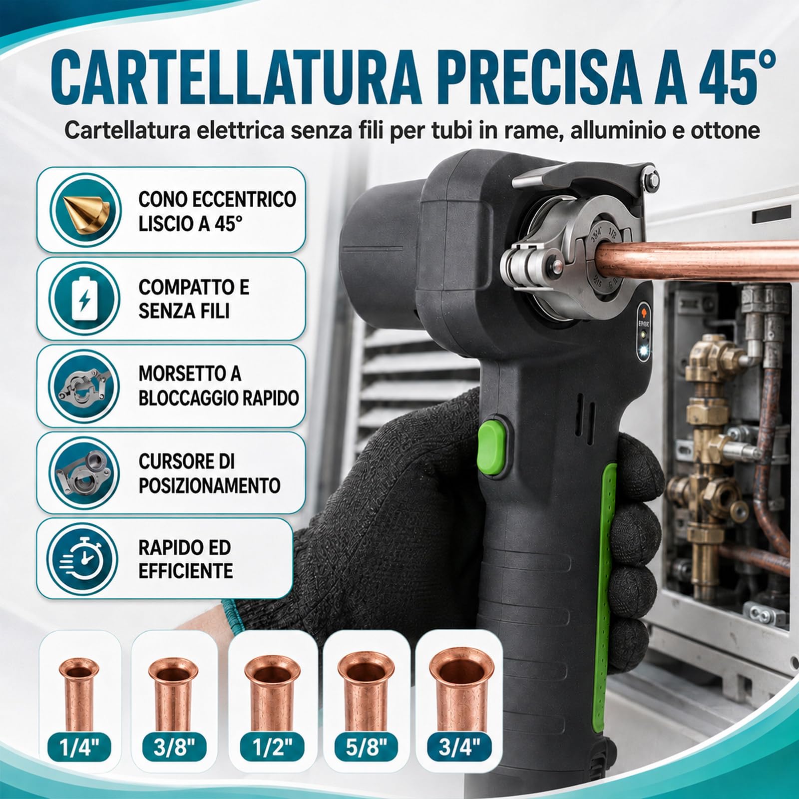 Kit Cartellatrice Tubi Rame, Elettrica 45°, 5 Misure