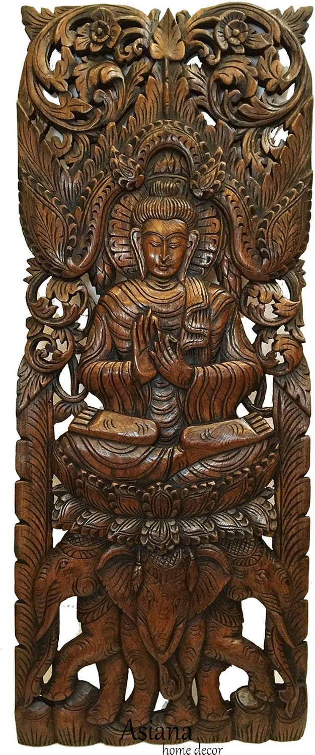 Asiana Home Decor Buddha Large Wood Wall Art Carved Wood Wall Panel in Dark Brown Finish, Size 35.5"x13.5"x1"