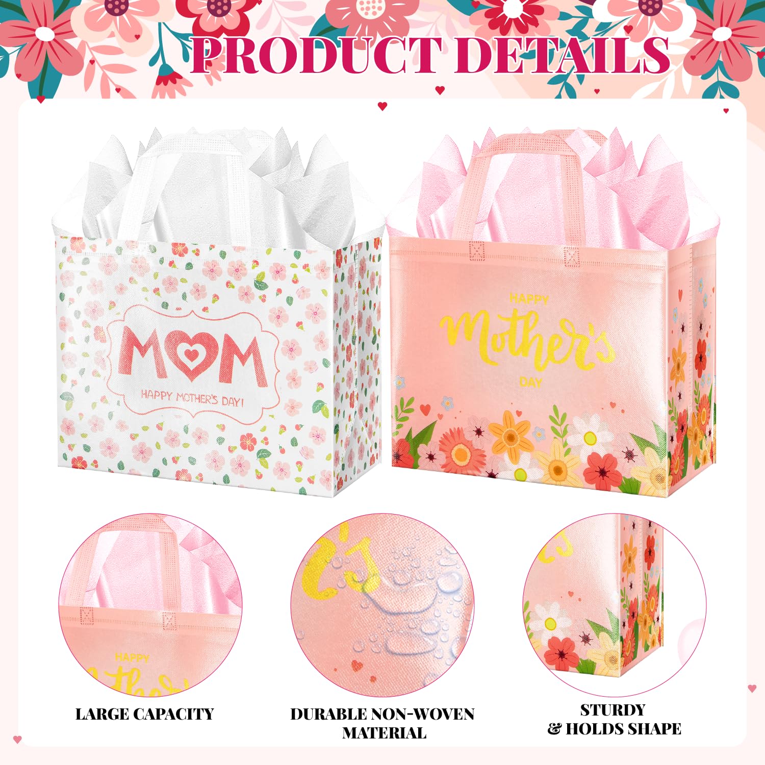Jaywayang 2Pcs 12.6" Happy Mother's Day Gift Bags with Tissue Paper, Envelope and Card, Reusable Non-Woven Bag with Handles for Mother's Day Party Supplies