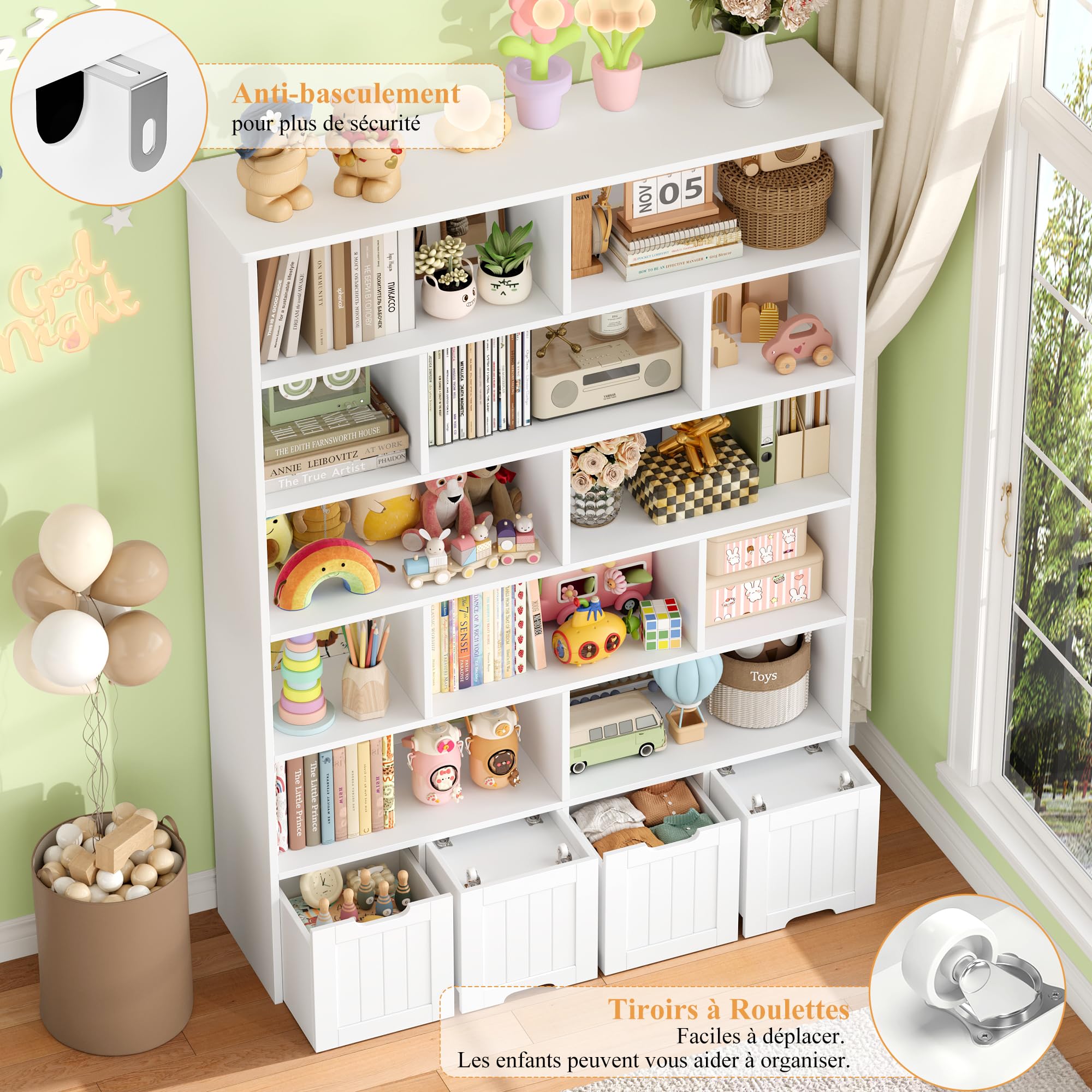 FOREHILL Meuble de Rangement Enfant Bibliothèque Enfant avec 13 Étagères 4 Tiroirs Roulants Rangement Jouet pour Chambre d’Enfant Salle de Jeu 125.5x33x175cm Blanc