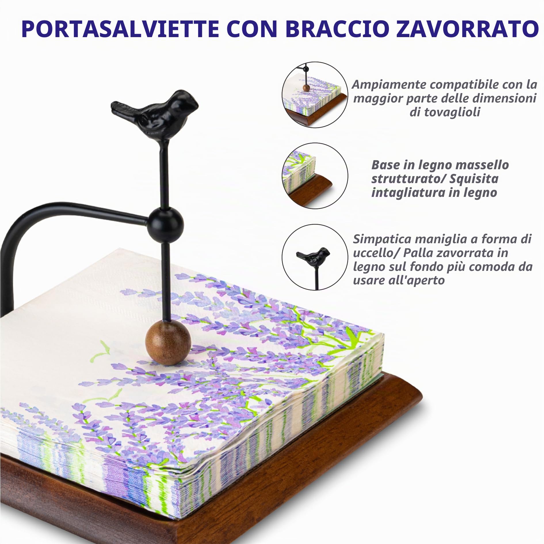 Portaservietta in legno con manico a forma di uccello, Elegante portaservietta piatto con braccio pesato per serviette di carta, serviettes da cocktail – Perfetto per cucina, tavolo da pranzo, caffè