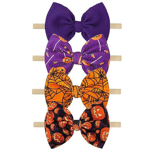 YanJie HAIRBAND, 4 diademas temáticas de Halloween para niñas bebés, lazos elásticos de nailon con estampado de calabaza en naranja y morado, disponible en Yaxa El Salvador