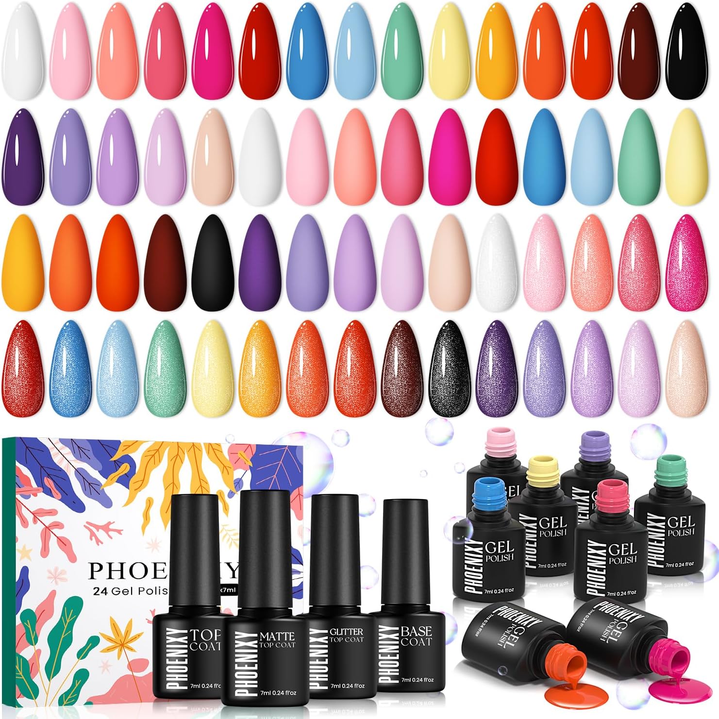 phoenixy 24Pcs Gel Nail Polish Set, 20 Colors Romantic Shades Purple & Pink Orange Yellow Gel Polish with Base & Glossy, Matte, Glitter Top Coat Soak off Nail Polish Kit Gifts for Women Girls