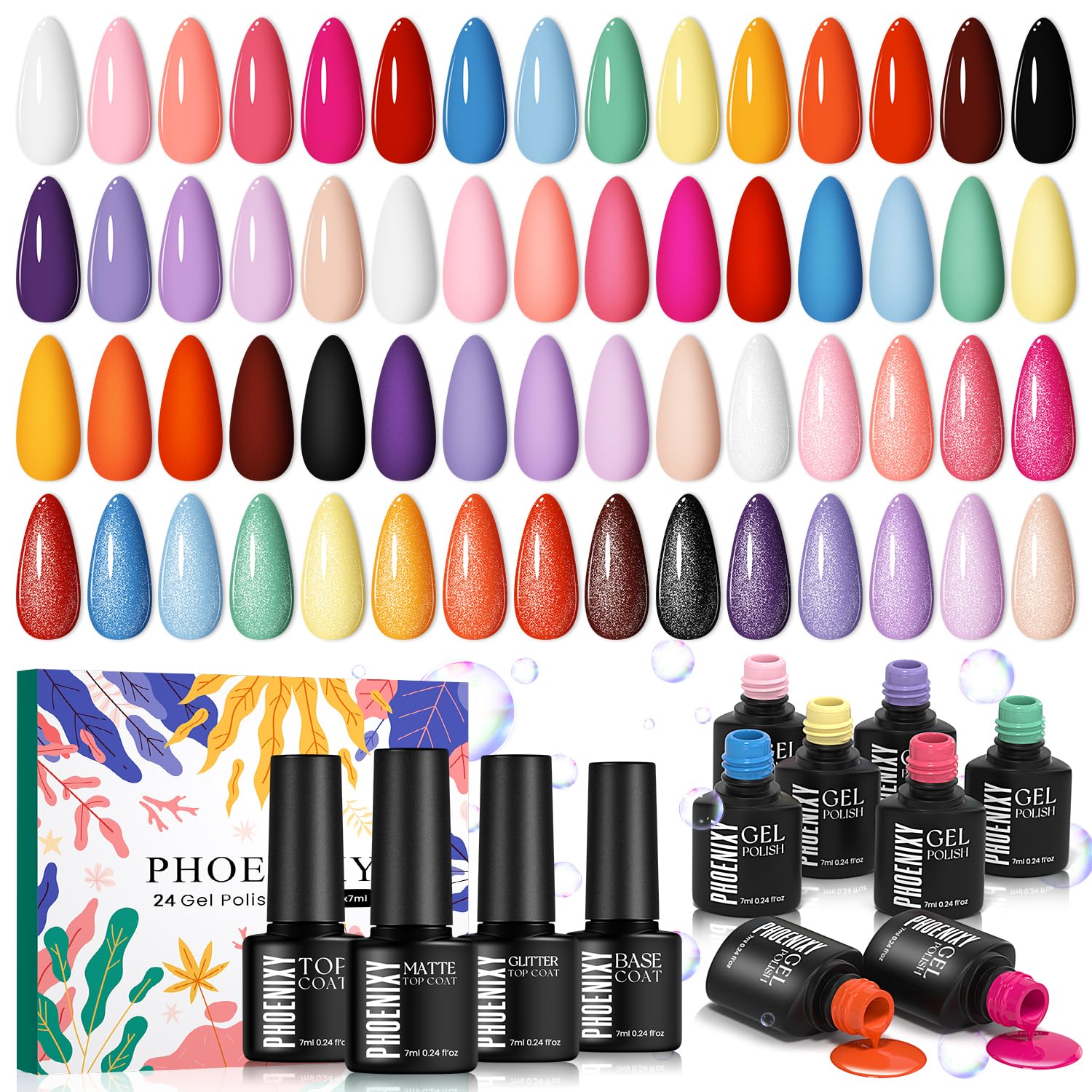 phoenixy 24Pcs Gel Nail Polish Set, 20 Colors Romantic Shades Purple & Pink Orange Yellow Gel Polish with Base & Glossy, Matte, Glitter Top Coat Soak off Nail Polish Kit Gifts for Women Girls