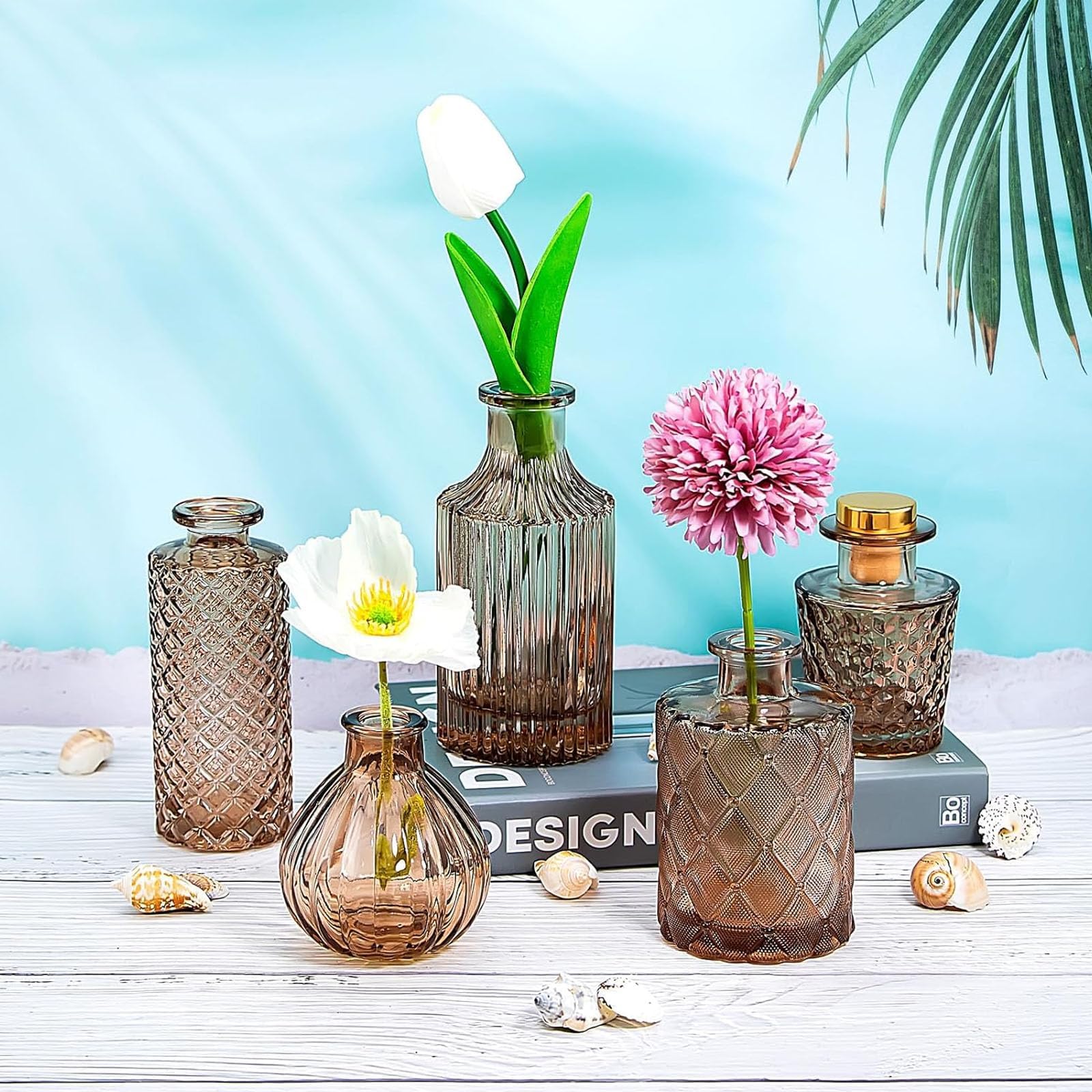 TIED RIBBONS Glass Bud Vases for Flowers โ Pack of 5 Amber Antique Glass Centrepiece for Mini Flowers- Antique Collections for Floral Arrangements Home Decorations Item for Home Decor