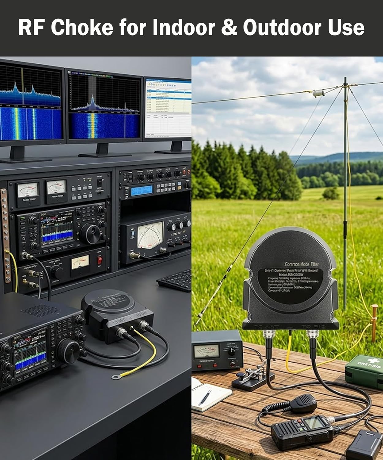 RBR2000W High-Power 2000W Common Mode Filter, 1.8-54MHz Waterproof RFI Reduction Choke & RF Ground, 3-in-1 Band-Pass Filter for Amateur Radio Outdoor/Indoor Use