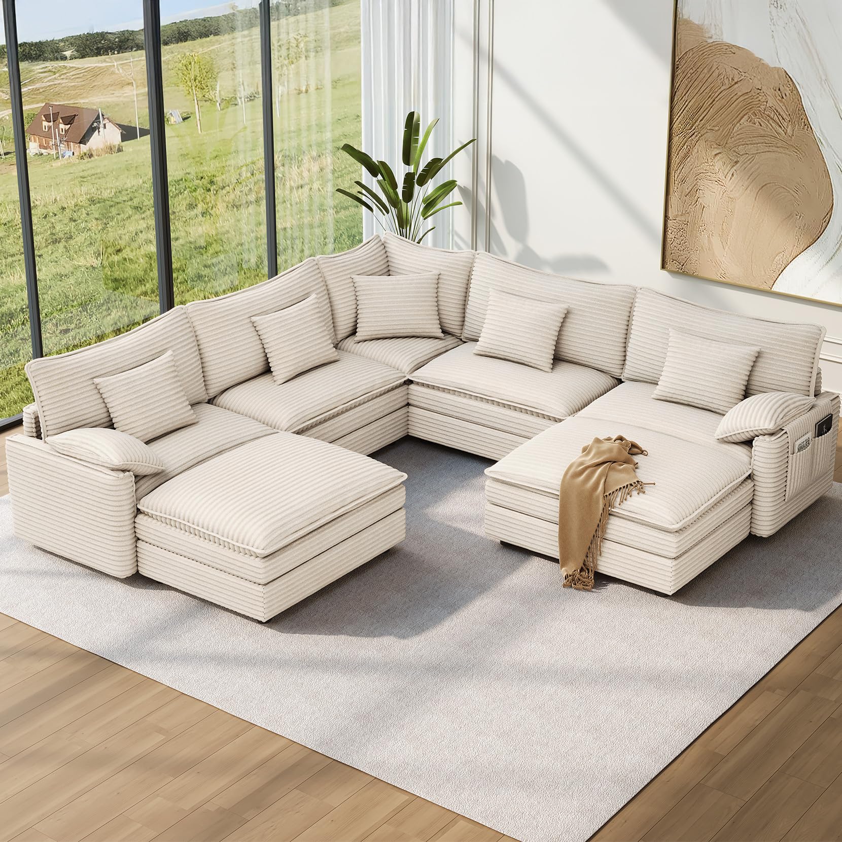 Vesgantti 101" V-Shaped Corner Couch Sectional, 7 Seat Customizable Modular Cloud Couches with Movable Ottoman, Corduroy Deep Seat Sofa Set with