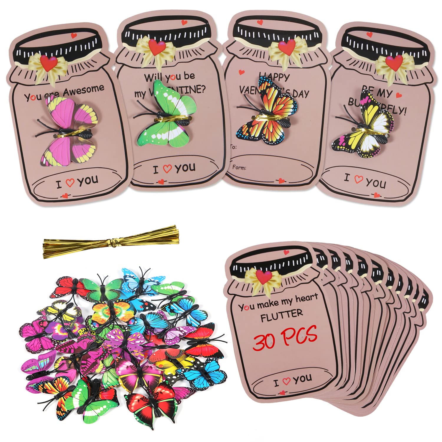 KINBOM 30 Pezzi Biglietti di San Valentino con Simpatici Giocattoli Farfalle Insetti Amore, Biglietti San Valentino per Bambini Carte Scambio Decorazione Regalo per Bambini Scambio Scolastico