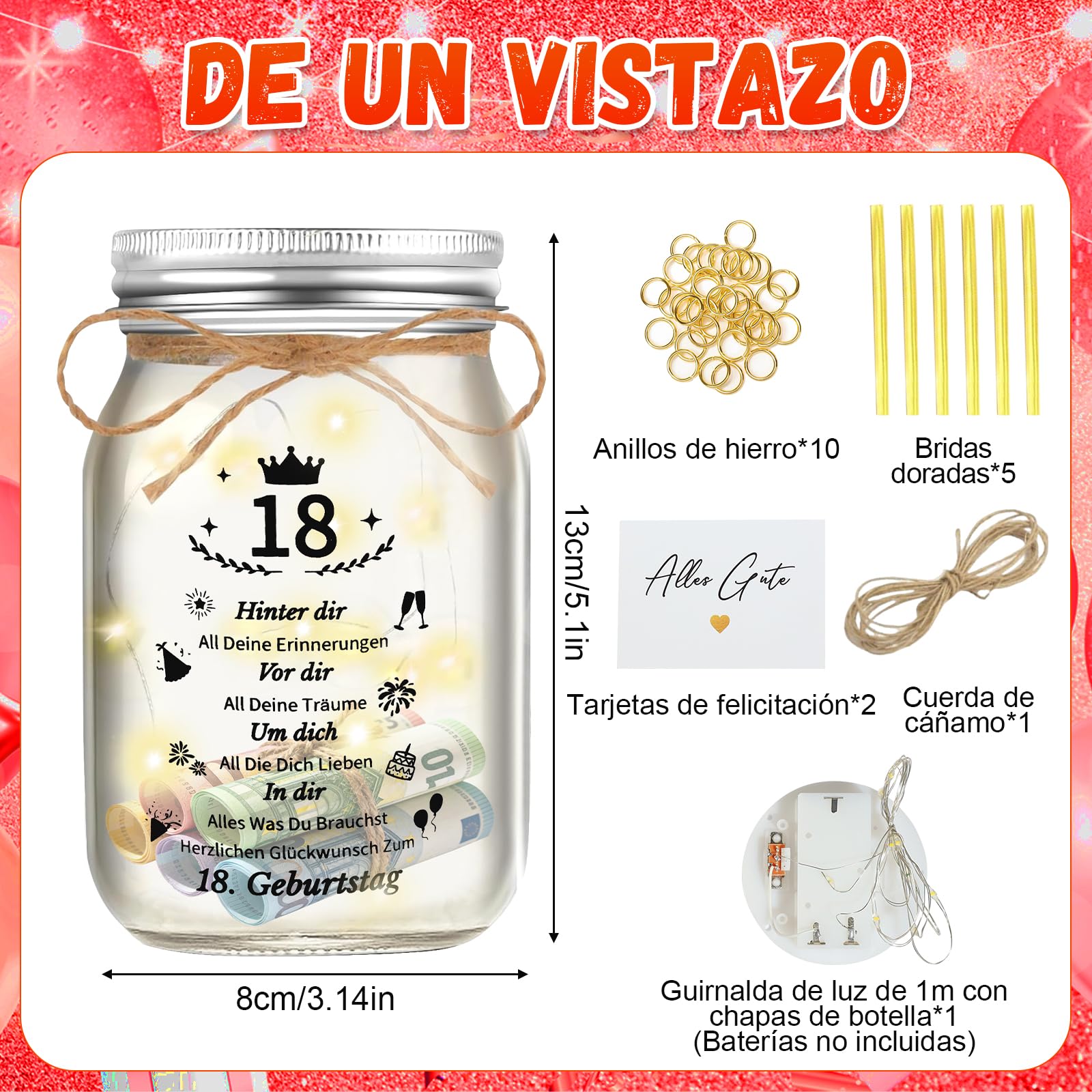 Tarro de Regalo con Luz para 18º Cumpleaños - Idea con Iluminación para Decoración de Fiesta y Dinero