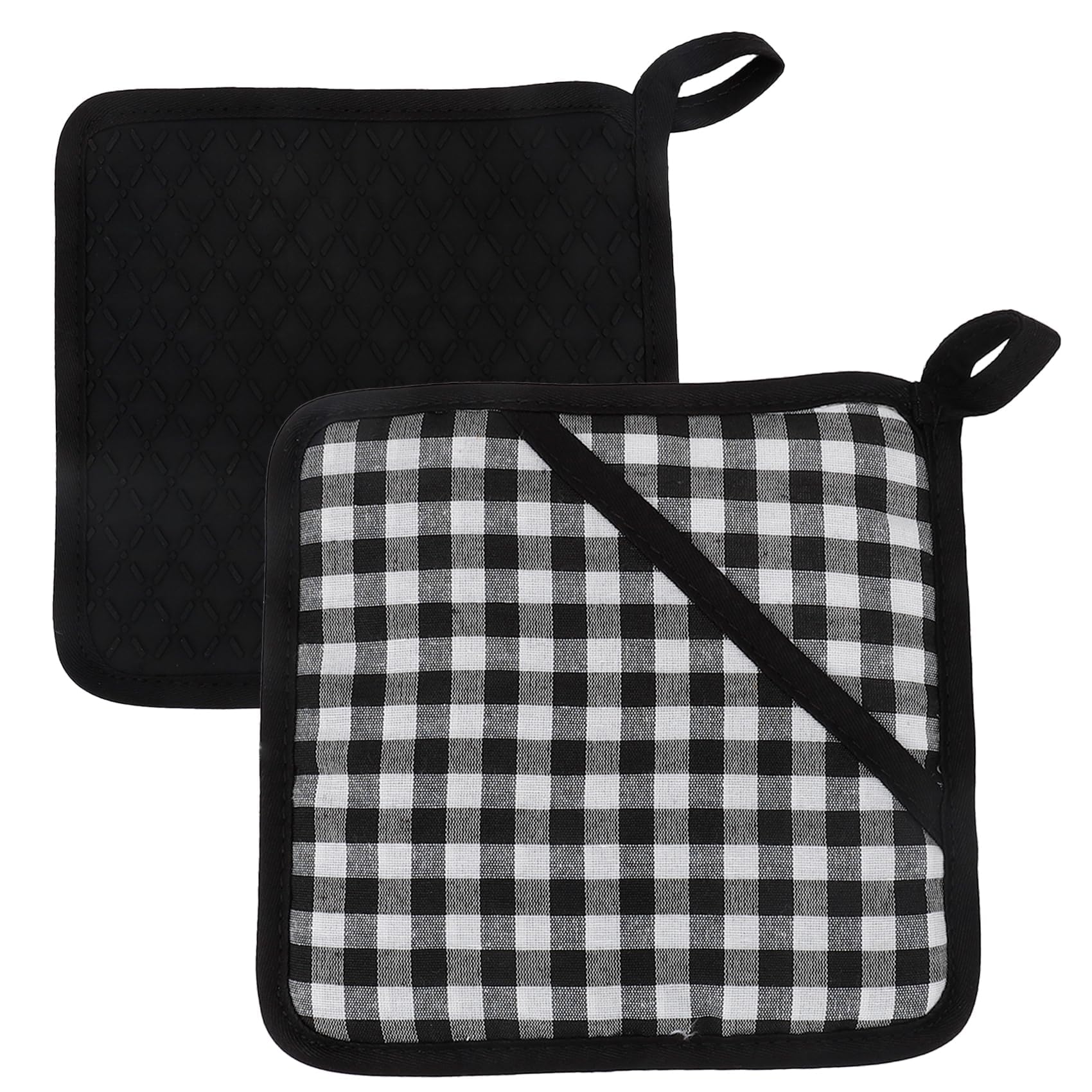 Silicone Pot Holders With Pockets,2 Pieces Anti-Slip Ribbed Potholders For Kitchens,Cotton Heat Resistant Potholder,For Kitchen Cooking And Baking(Black)