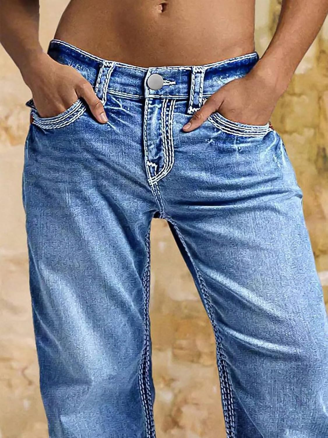 Flamingals Wide Leg Jeans for Women Mid Waist Baggy Stitch Decor Denim Washed Pants Without Belt