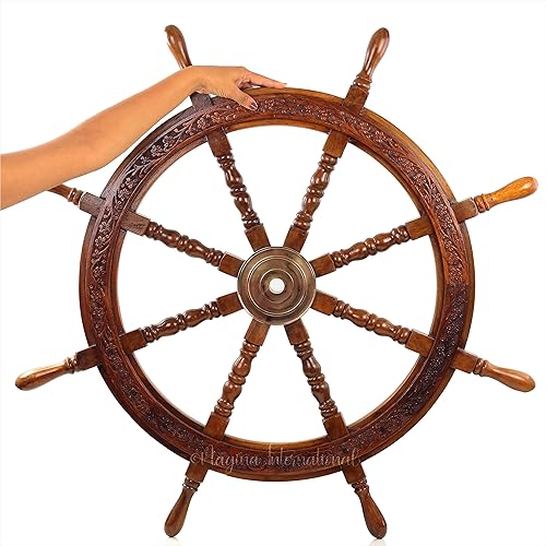 Miniatura 4 de Rueda de barco de madera de pirata náutico con diseño floral tallado a mano grabado en todo el perímetro  Escultura colgante y decoración  Ideas de
