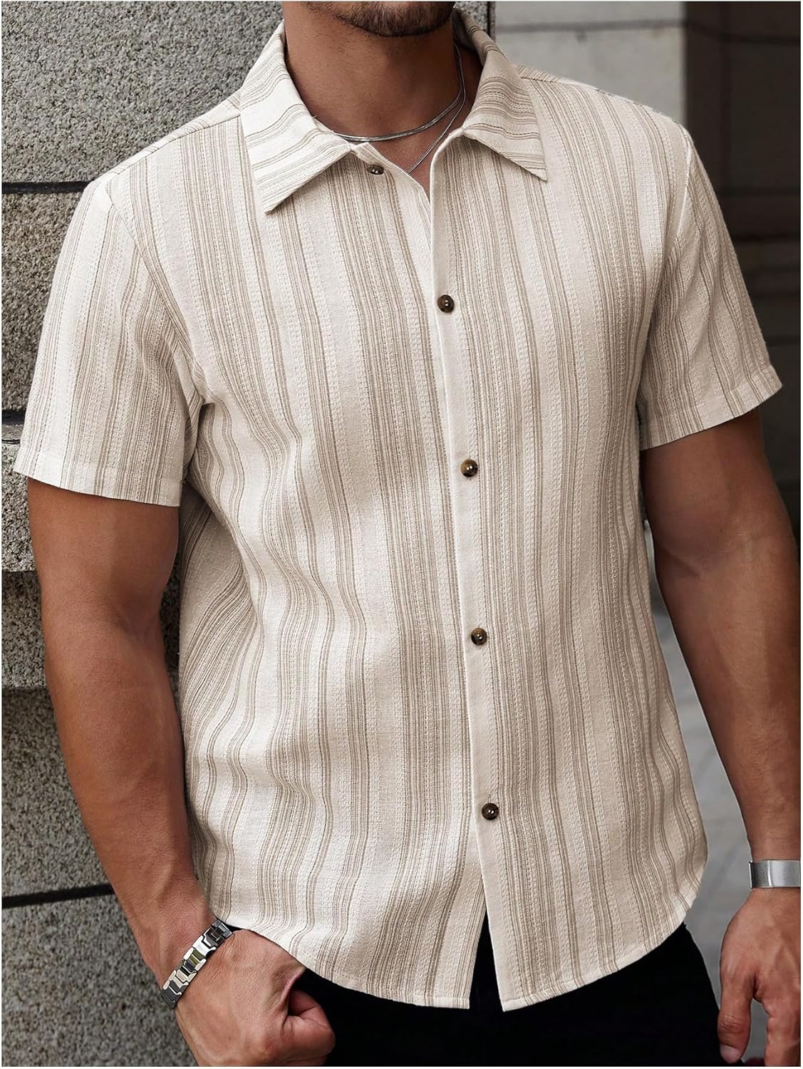 SOLY HUX Men's Button Down Shirt Striped Short Sleeve Collared Casual Summer Shirts - Image 3