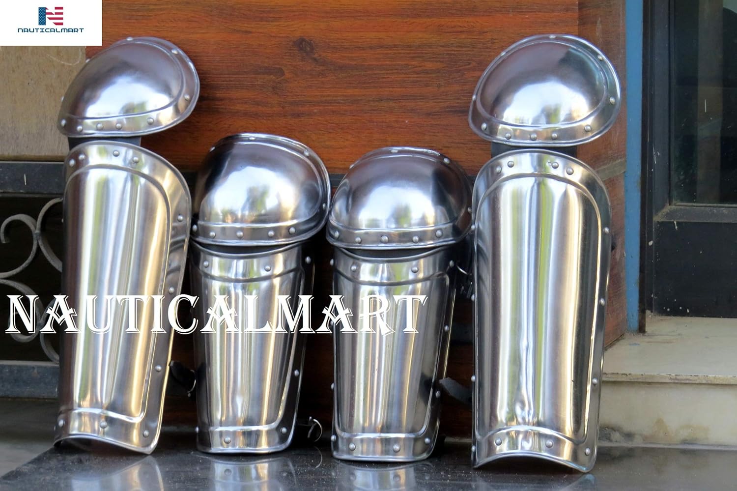 Medieval Armor Set - 18 Gauge Steel Bracers with Greaves for LARP and Reenactment - Authentic Handmade Arm Guard with Leg Armor Adjustable Leather Straps for Collectors - Image 2