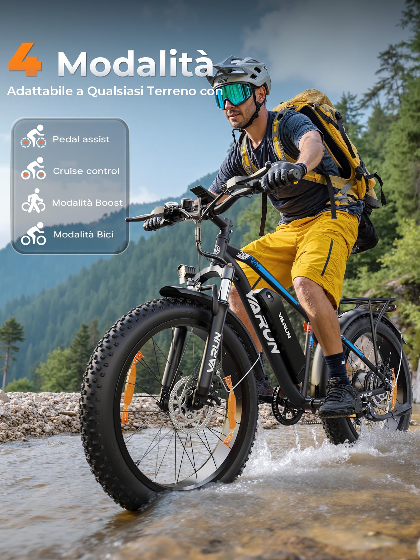 VARUN Bici Elettrica, 26''*4.0 Fat Tire Bicicletta Elettrica Uomo/Donna, 250W 48V 18Ah/13Ah Mountain Bike Elettrica, Autonomia Fino a 60-150Km, Ebike Dotata di Cambio a 7 Velocità e Display LCD