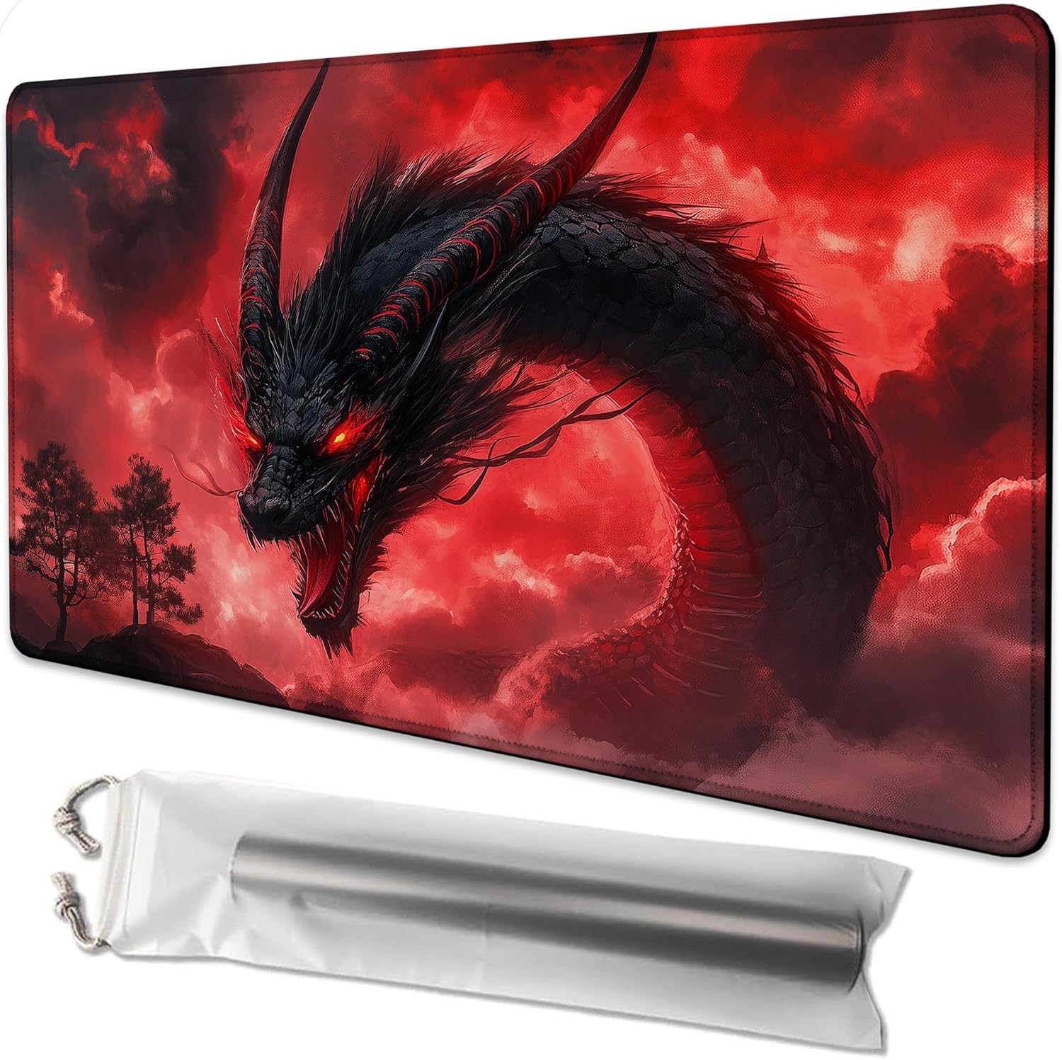 Playmat for MTG Majestic Dragon Unleashes Fiery Magic Play Mat 24x14 Inch Card Game Mat for Magic The Gathering TCG PTCG Playmat with Free Storage Bags Non-Slip Backing and Stitched Edge