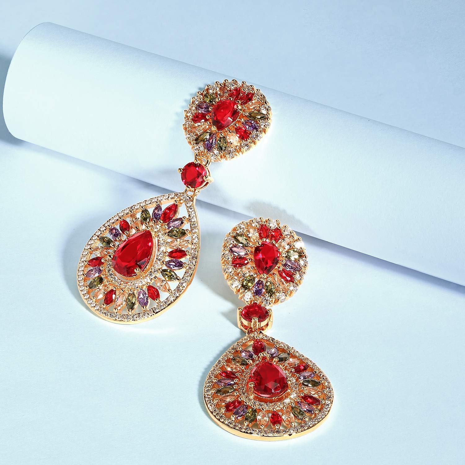 Multicolor Fashion Statement CZ Long Teardrop Dangling Statement Chandelier Earrings For Women Wedding Prom Yellow Gold Plated