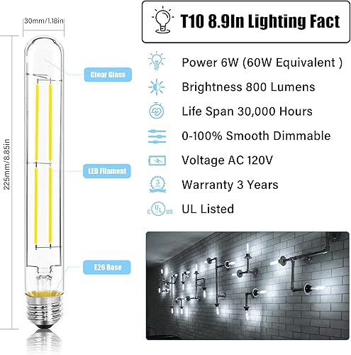 Miniatura 2 de 8.9IN LED Light Bulbs E26 Base, 6W 800LM 5000K Daylight White T10 T9 Vintage Edison Bulbs Dimmable, AC 120V Equal 80 Watt Clear Glass Long Tubular