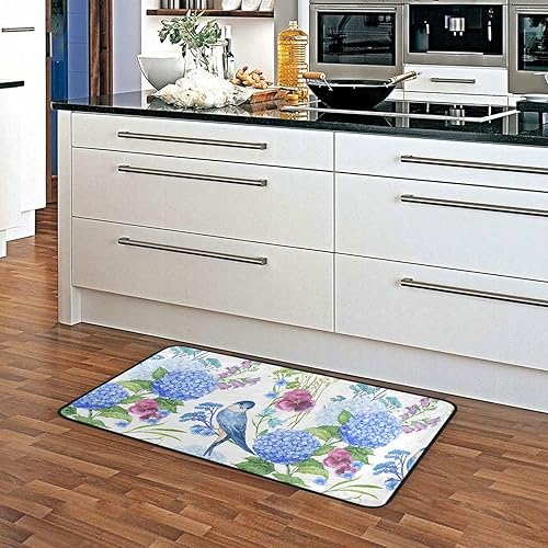 Miniatura 5 de Alfombra de cocina de pájaro con hortensias azules, 39 x 20 pulgadas, antideslizante, lavable, para cocina, fregadero, entrada, alfombra de pasillo