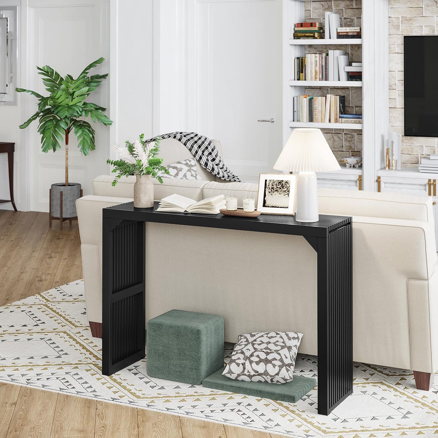 ROOMTEC Narrow Console Table for Entryway, Living Room, Hallway - 46" Solid Wood Farmhouse Table with Storage (Black)