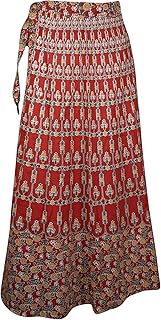 Mogul Interior Woman Hippie Wrap Skirt, Rosewine Printed Cotton Wrap Around Maxi Skirts One Size Coral Red