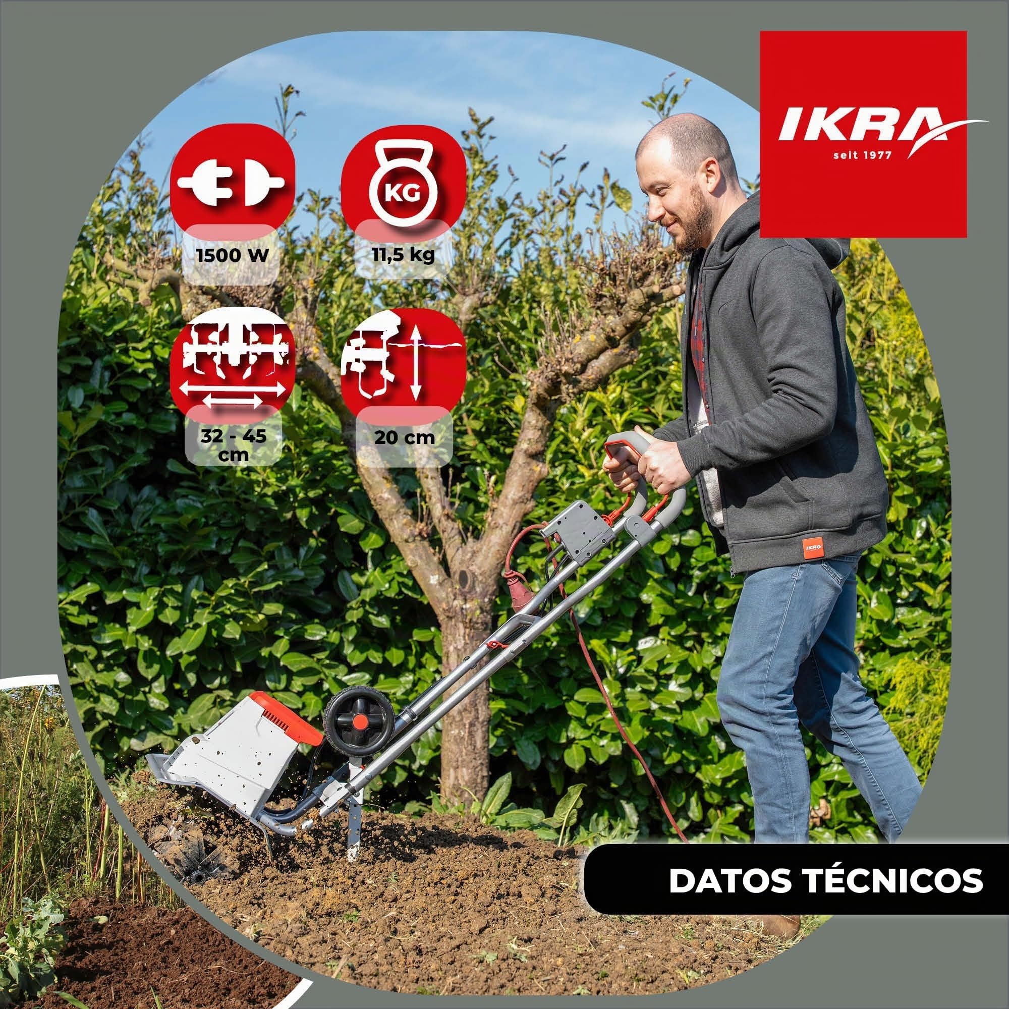 IKRA motozada eléctrica IEM 1500, Anchura de Trabajo Flexible de 32 y 45 cm | 1500 W, profundidad de trabajo de 20 cm, espolón de profundidad, rueda de transporte, plegable, protección contra sobrecargas