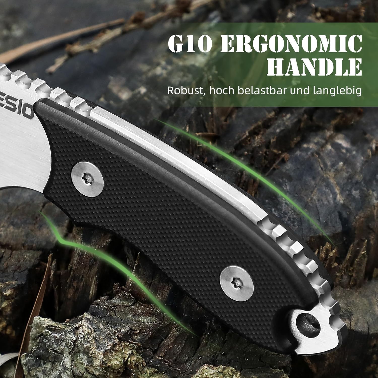 Omesio Cuchillo de cuello D2 acero 5.45 pulgadas con funda y collar