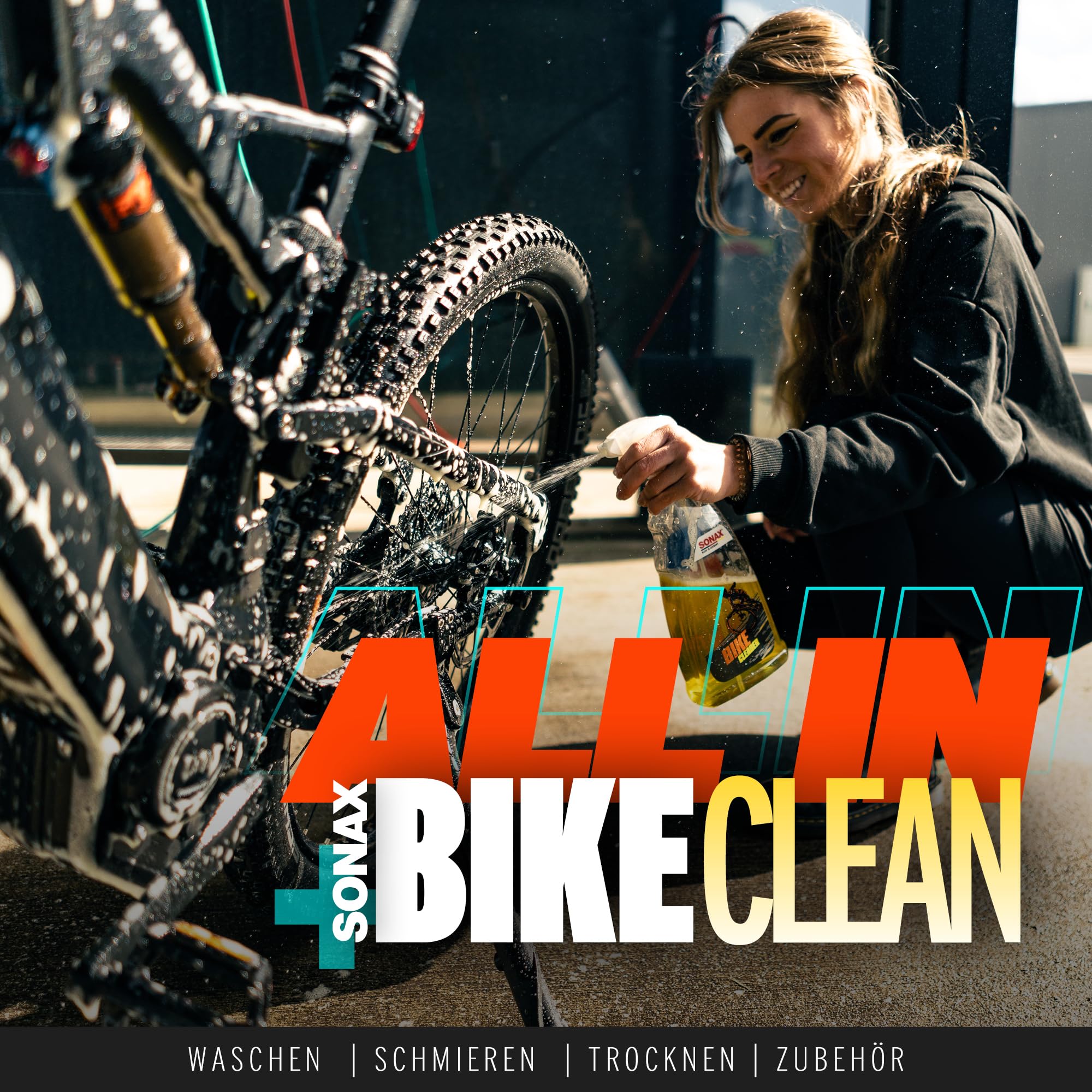 Sonax Bike Cleaner Kit de nettoyage pour vélo 1 l + spray de chaîne + brosse à chaîne + gant de lavage + chiffon sec | Kit d'entretien pour vélo électrique, VTT, vélo de route