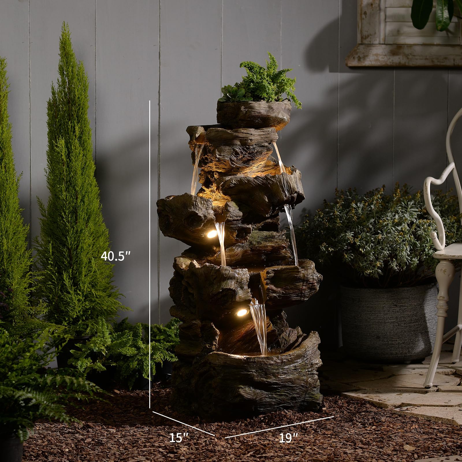 Sunlinua 103 cm H 4-stufiger Gartenbrunnen im Felsen-Look mit LED, Wasserfall und Springbrunnen für Garten, Terrasse, Balkon oder Hof, aus Harz