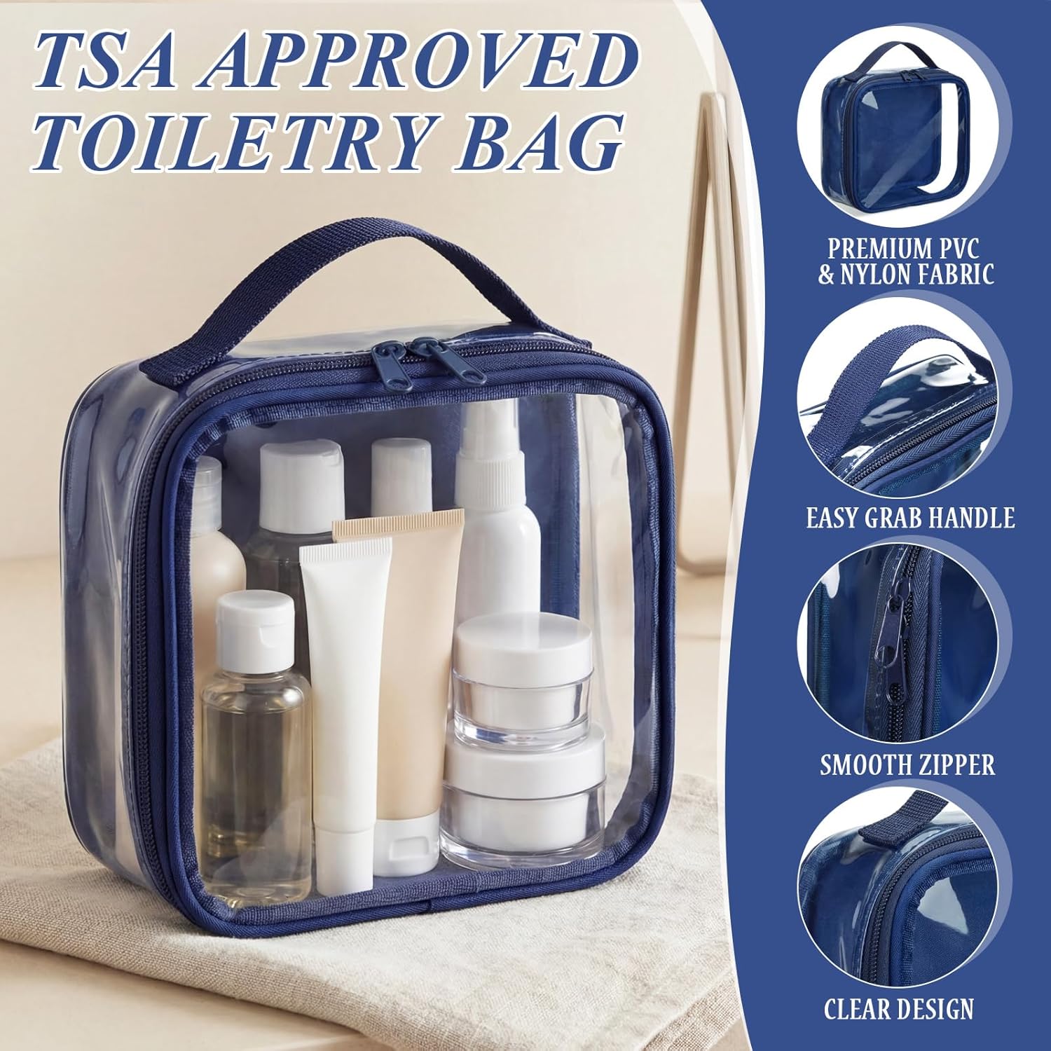Abbylike 6 Pack Small Clear Makeup Bags Bulk Tsa Approved Travel Toiletry Bags with Handle Nylon Mini Cosmetic Bag for Purse Reusable Quart Size Travel Bag Airport Security for Women Men(Navy Blue)