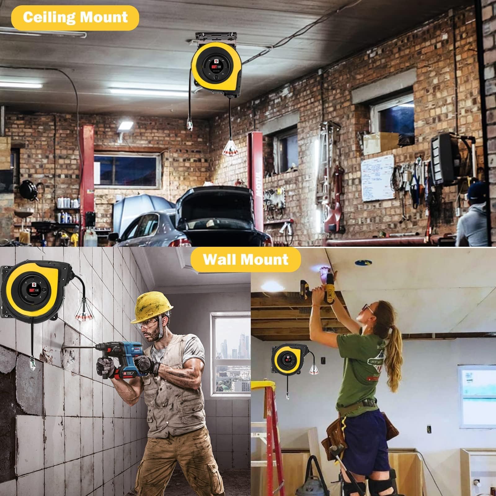 EP Bobina di prolunga retrattile, 200 m, 14 AWG/3C SJTOW, cavo di alimentazione resistente, interruttore automatico da 10 A, prese triple a 3 luci, montaggio a soffitto o a parete, uso interno/esterno