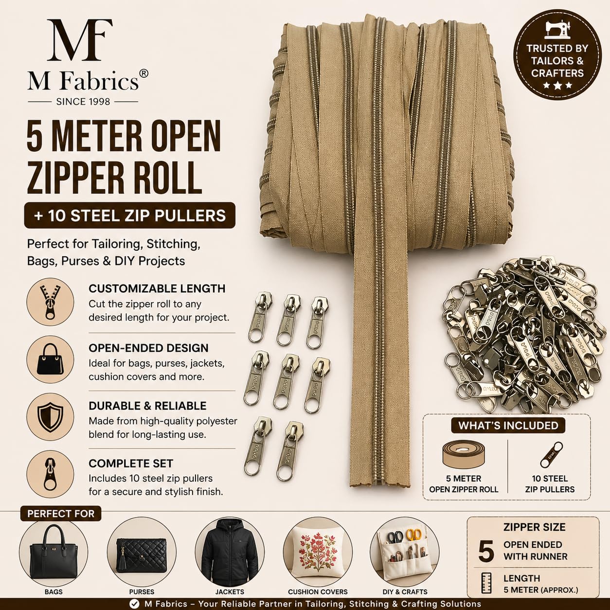 M Fabrics 5 Meters Open Zipper with 10 Steel Zip Puller in Meter for Tailoring, Stitching, Bags and Purse (Open Ended Zip) - (5 Meter Roll + 10 Steel Zips Runner) - (Beige)