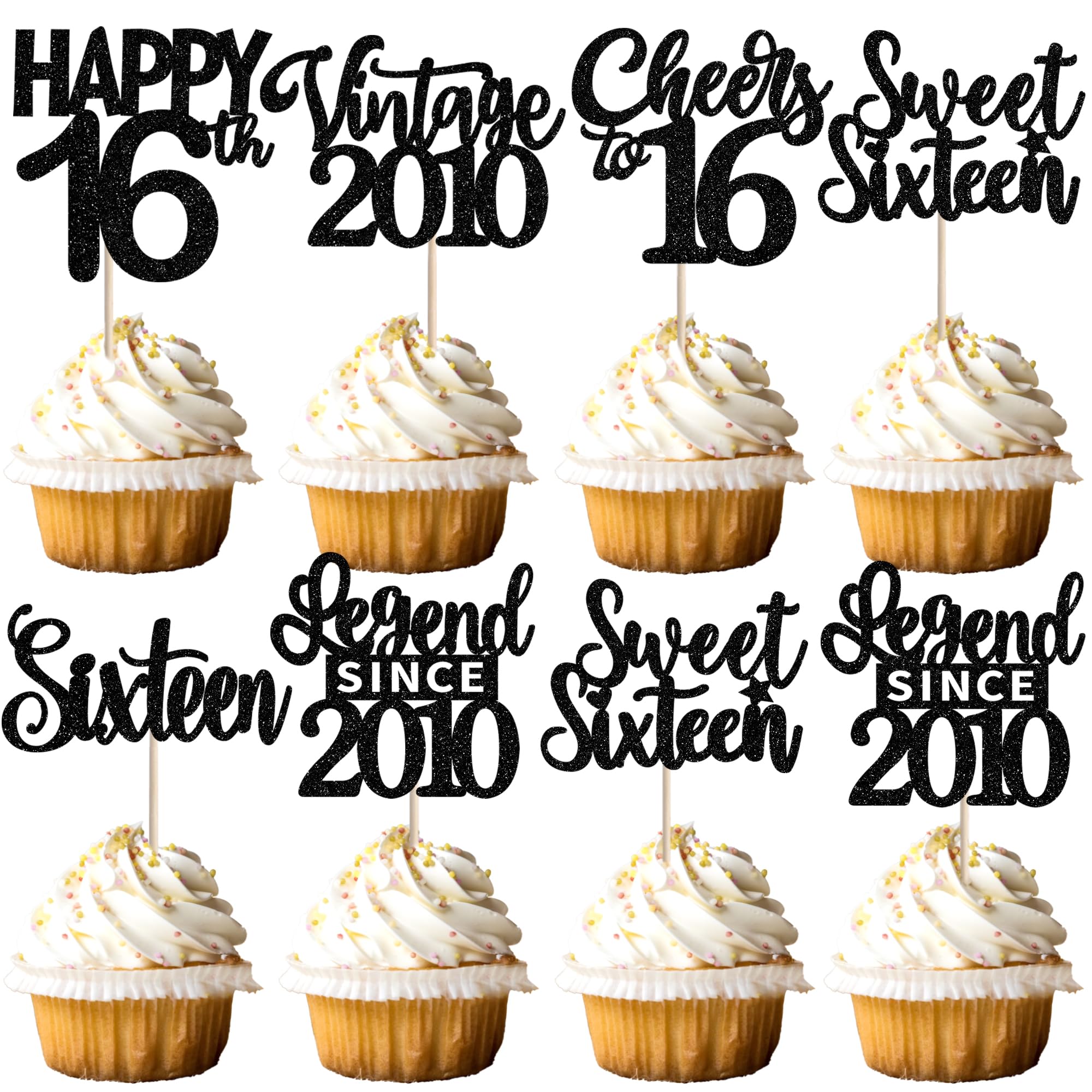 24PCS Black 16th Birthday Cupcake Toppers Sweet Sixteen Happy 16th Vintage 2010 Cupcake Picks Cheers to 16 Lengend Since 2010 Cake Decorations for