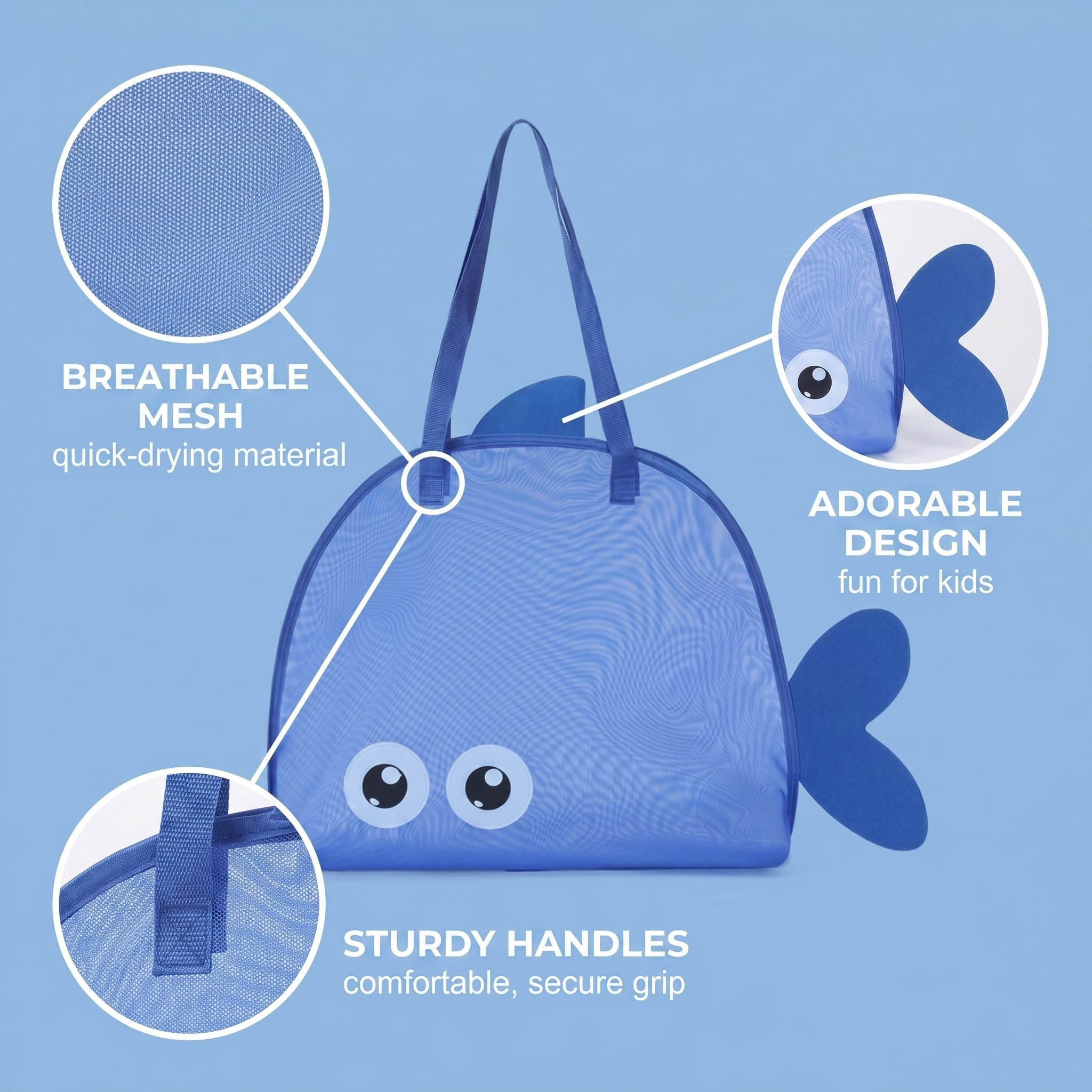 Borsa Spiaggia Grande per Bambini, Giochi Spiaggia Bambini, Borsa Mare a Rete Porta Giochi Spiaggia e Piscina, Borsa da Spiaggia Pieghevole per Giocattoli e Asciugamani, 46.5x12x40cm, Blu