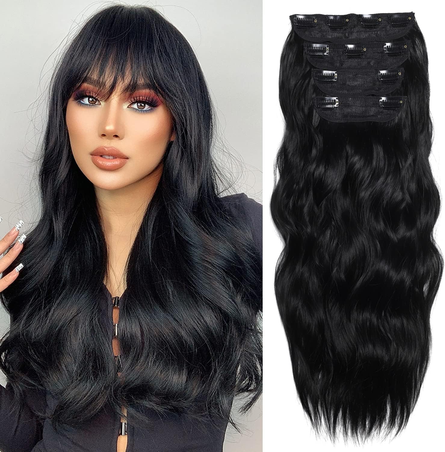 FAELBATY Black Hair Extensions Long Wavy Thick Hairpieces Double Weft