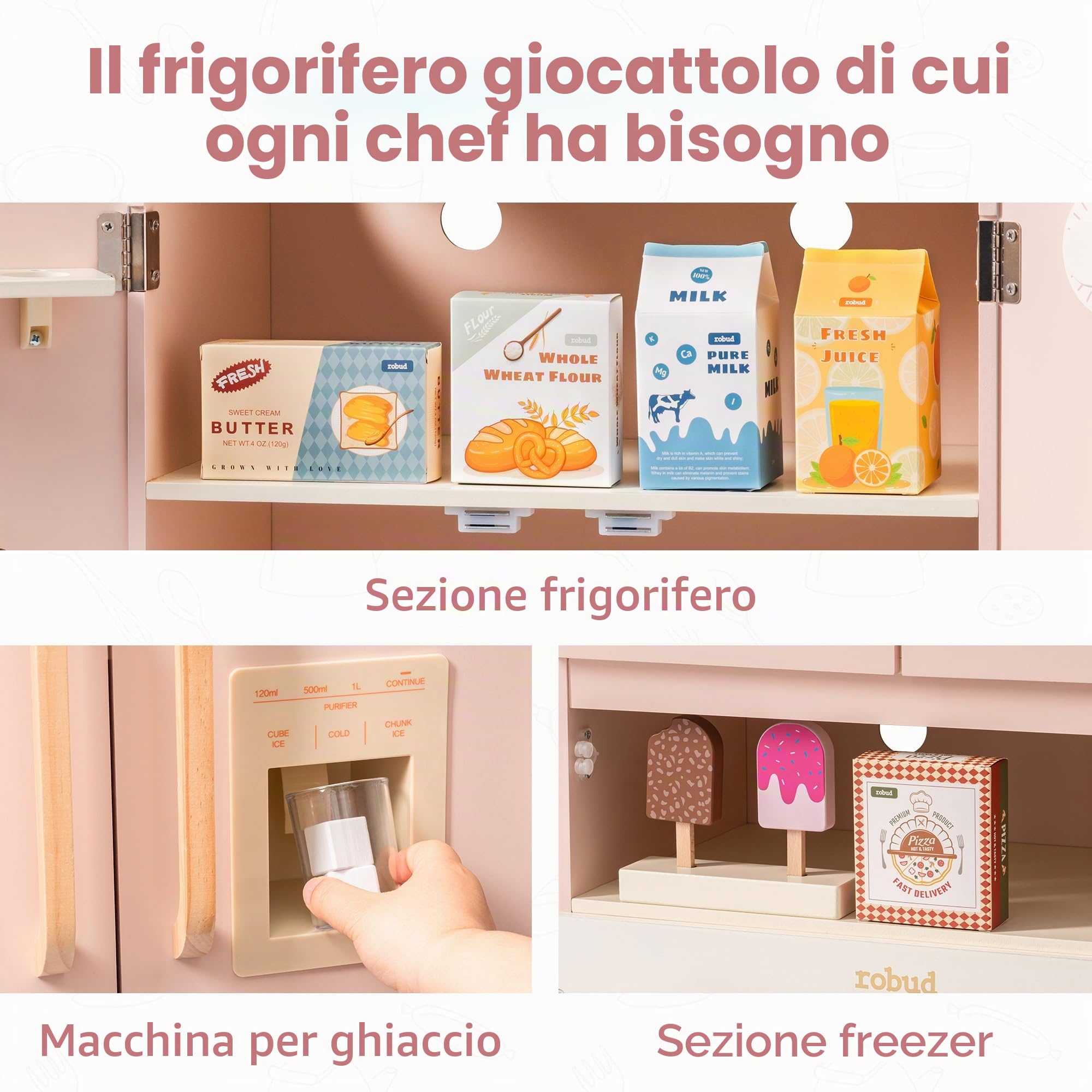 ROBUD Frigorifero in legno - Realistico e interattivo con macchina per cubetti di ghiaccio e giocattoli alimentari - Adatto per bambini dai 3 anni - Rosa