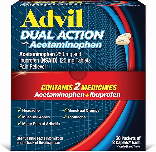 Advil Cápsulas recubiertas de doble acción con acetaminofeno 250 mg de ibuprofeno y 500 mg de acetaminofeno por dosis equivalente a 2 dosis para