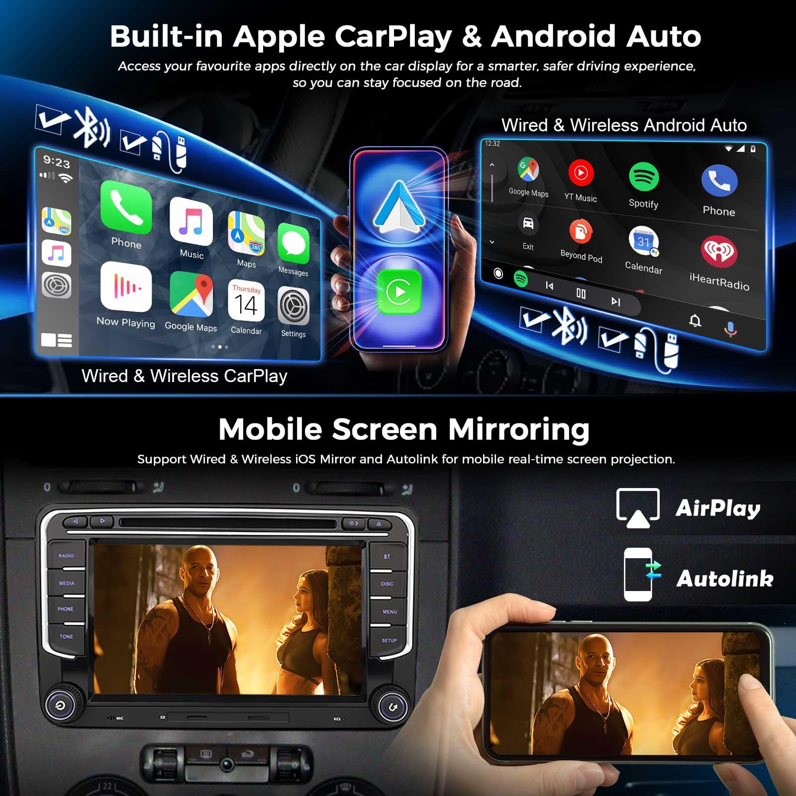Erisin 7-calowy samochód stereo DVD nawigacja satelitarna do VW Transporter T6 Crafter 2 Amarok Caddy MK3 MK4 Polo 6R ŠKODA Yeti Wireless Carplay Android Auto DSP Bluetooth Wifi DAB+ Radio