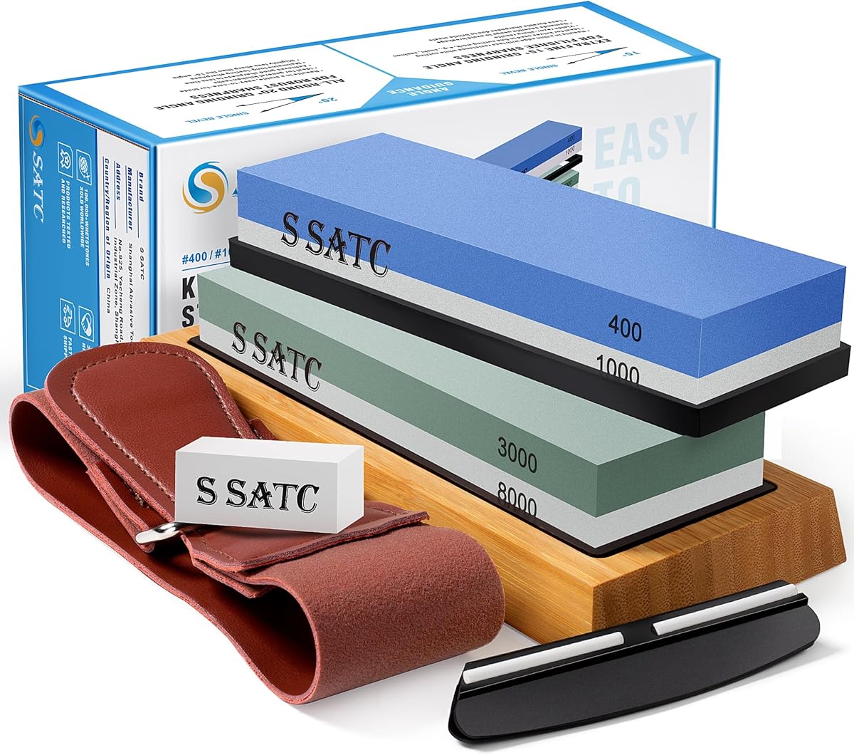 S SATC Pierre à aiguiser Set de couteaux Grain 400/1000/3000/8000 Pierre à aiguiser Aiguiseur de couteaux avec support antidérapant, pierre à aplatir, guide d'angle, lanière en cuir