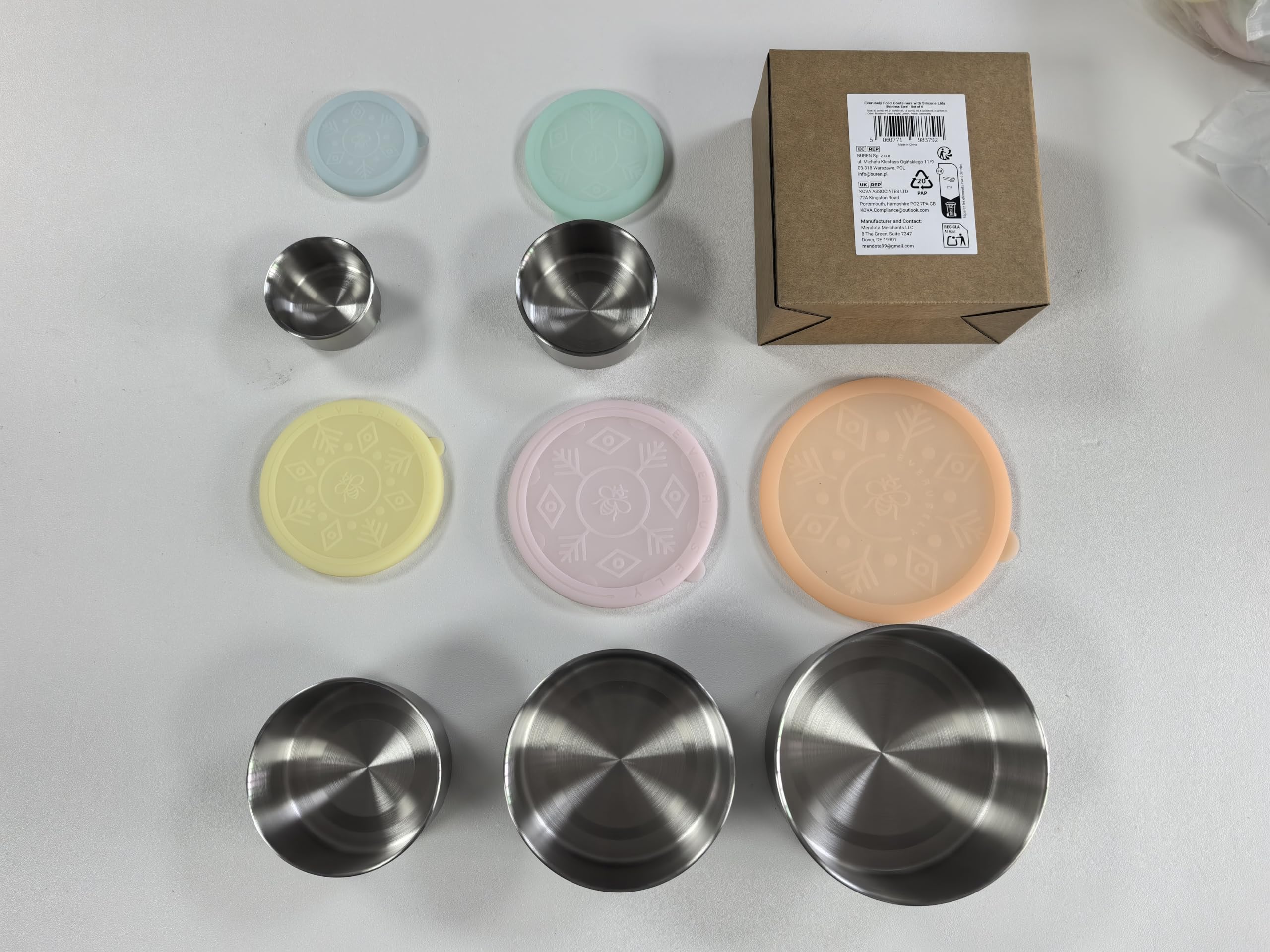Everusely - Leakproof Metal Lunchbox with Lids - Set of 5, Sorbet Collection - Airtight Stainless Steel Lunch Box - Meal Prep Nesting Food Storage - Portable, Reusable Tiffin Box