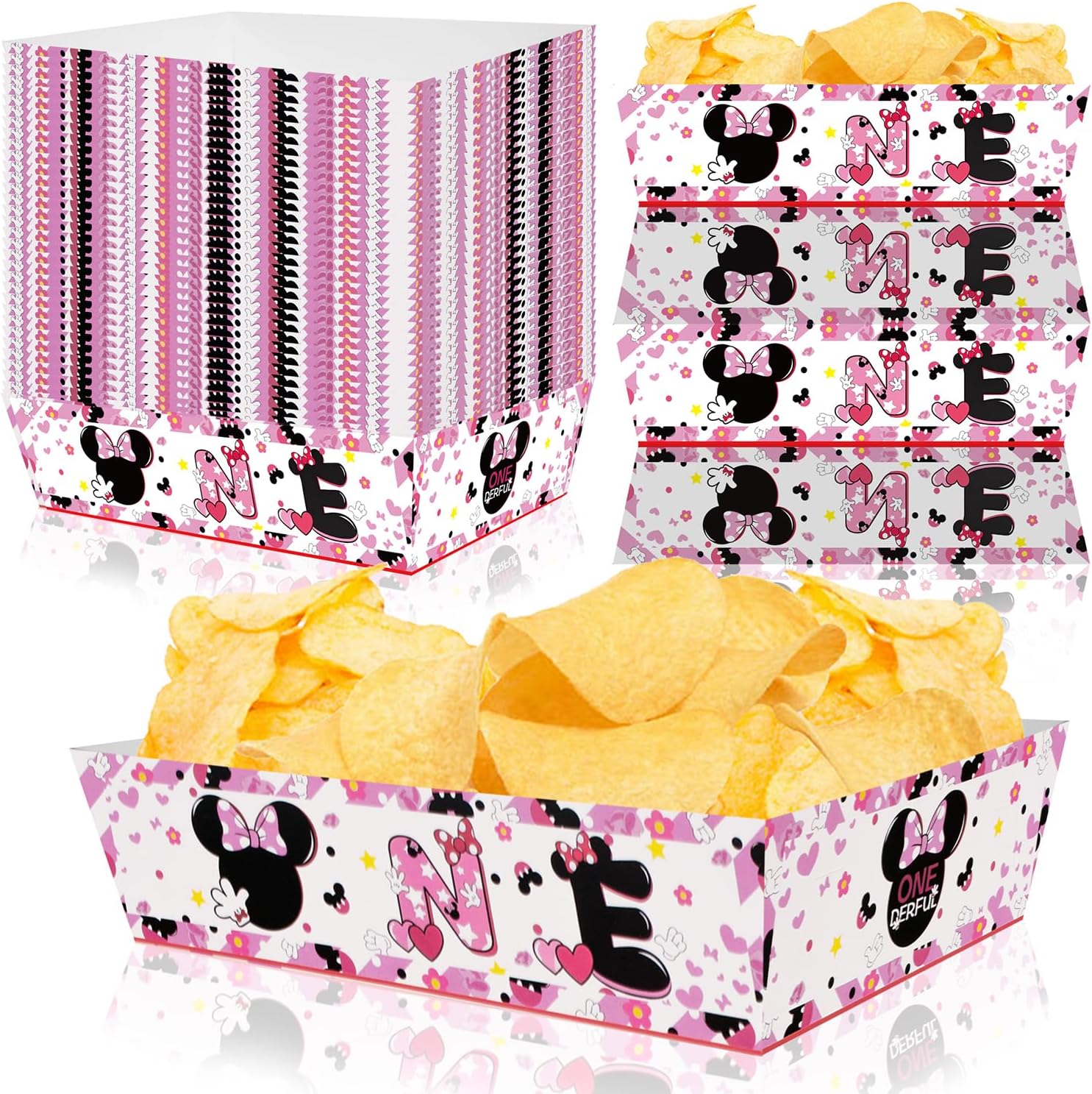 Mouse Birthday Party Supplies-50pcs First Birthday Decorations girl Mouse Party Favors Pink Paper Food Serving Tray for Minnie Mouse Themed 1st Birthday Party Decoration supplies