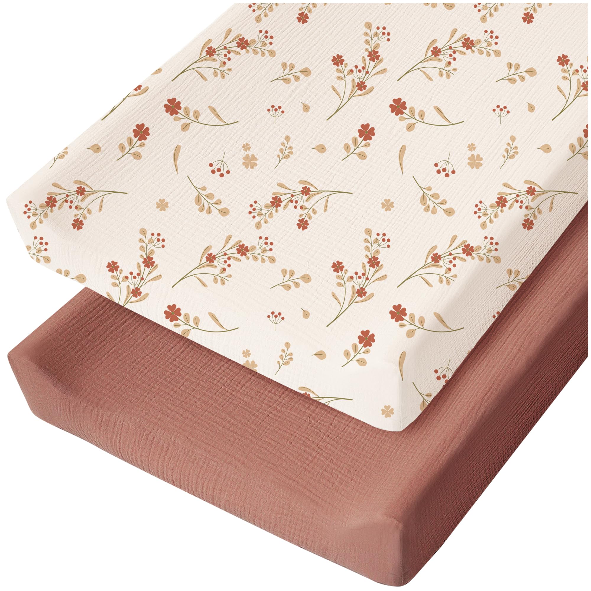 Konssy Muslin Changing Pad Cover for Baby Girls Boys, 100% Cotton Fitted Diaper Chang Table Covers, Soft Breathable Changing Pad Sheets, 2 Pack (
