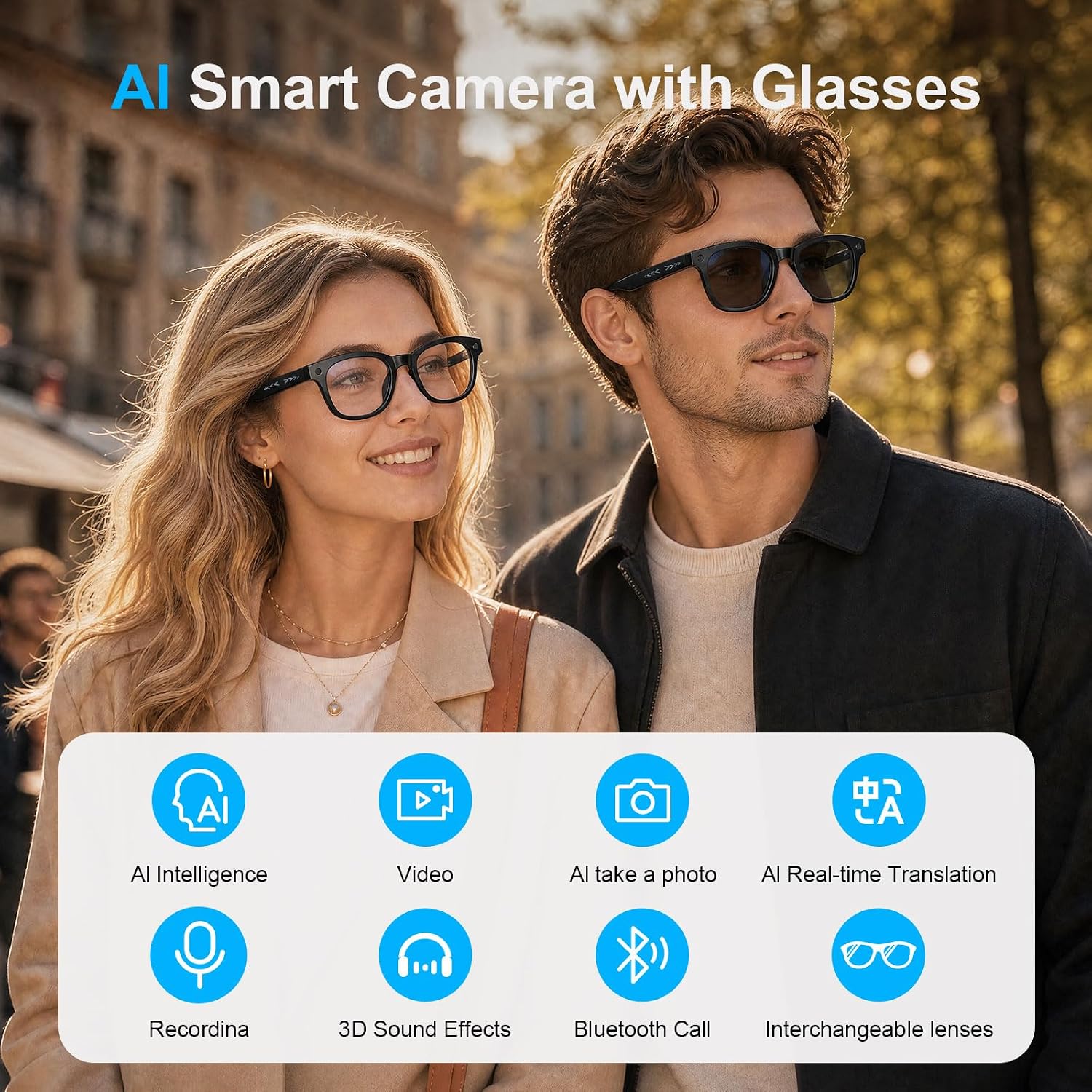 AI Smart Glasses with Camera, 1080P Video Recording & Bluetooth | Real-Time Translation, Open-Ear Audio, AI Voice Assistant & 8MP Photo Capture for Travel, Work & Vlog