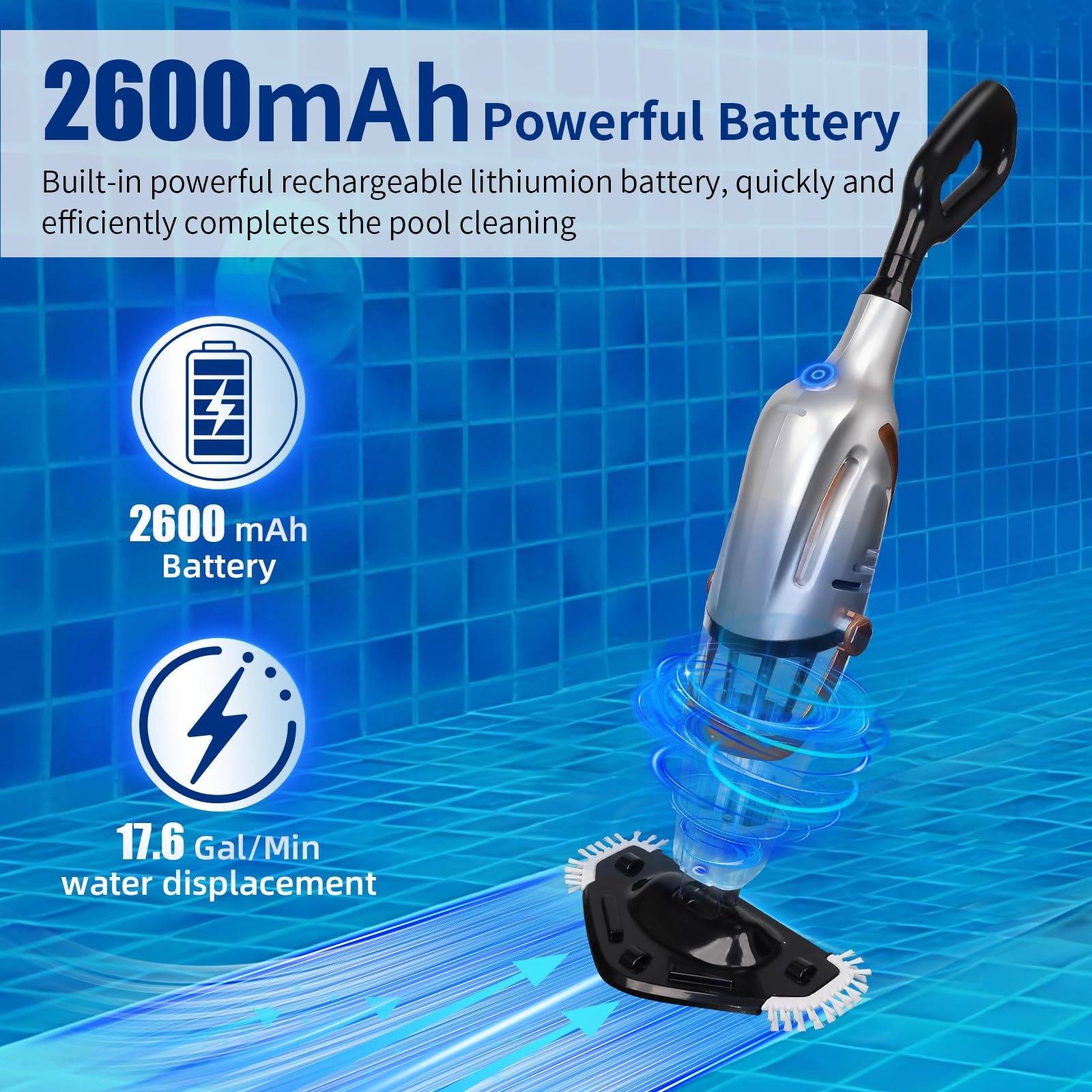 Aspirateur de piscine sans fil, rechargeable, aspirateur de piscine portatif pour piscines hors sol et creusées, spa, jacuzzi, aspiration 18,5 GPM, temps de fonctionnement de 80 minutes (argenté)
