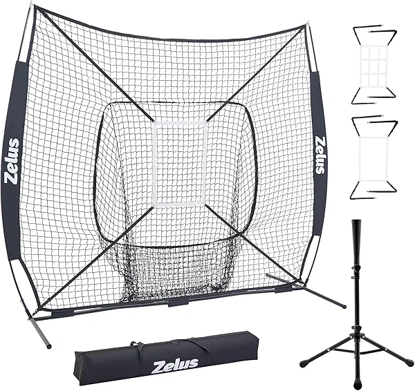 ZELUS 7x7 ft Baseball Net, Softball Practice Hitting and Pitching Net with Adjustable Batting Tee 2 Strike Zone, Portable Baseball Backstop Net with Carry Bag, Great for All Skill Levels (Black)