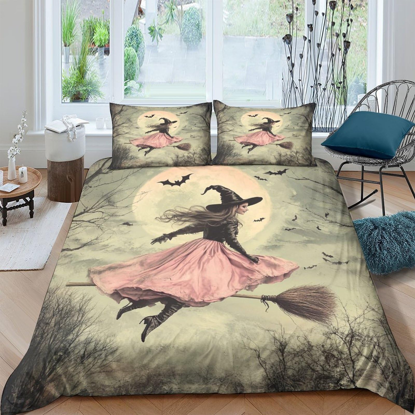 Ctjqhvkz Style-2 3D Printed Witch Moon Fitted Sheet Microfiber Soft Breathable Flying Bats Bed Cover For Bedroom Guest Room Decor Single（135X200cm）